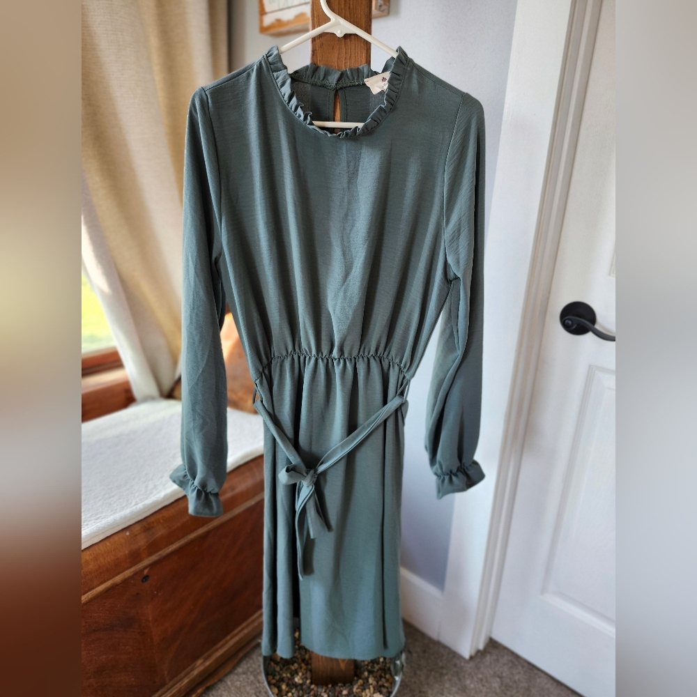 Like New Les Amis Dusty Teal Long Sleeve Midi Dress, Size L, Made in USA
